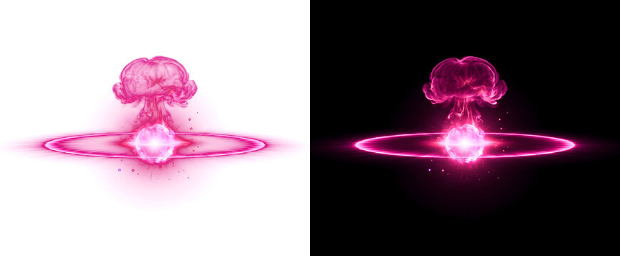 Mushroom Cloud of pink smoke rising above a glowing energy orb and ring featuring PNG, Transparent and Black Background Versions