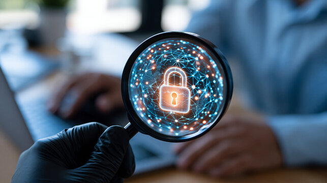 Cropped hands in a black glove holding a magnifying glass to inspect a glowing padlock icon on a digital network map interface, bright modern office, vulnerability scanning concept