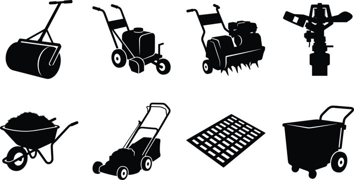 WebLawn Care and Gardening Equipment Black Silhouette Icons Set with Rollers, Mowers, Aerator, Wheelbarrow and Cart