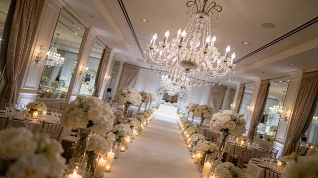 Gliding camera starting forward to draped altar, framing aisle runner at ballroom
