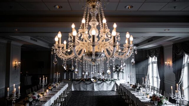 Rolling camera dolly moving forward toward ornate crystal chandelier in banquet hall, for detail