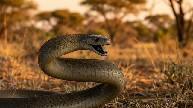Viper ready to strike in the golden savanna.