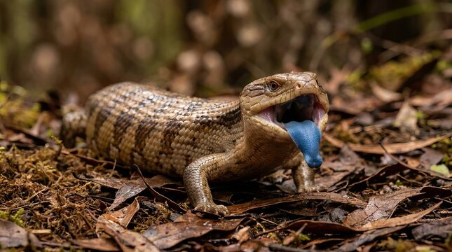 Bright blue flick display of a snake in leaf litter.