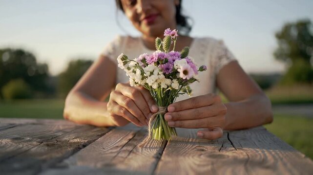 Holding bouquet, woman in lace top adjusting stems, wrapping twine, securing stems at picnic table