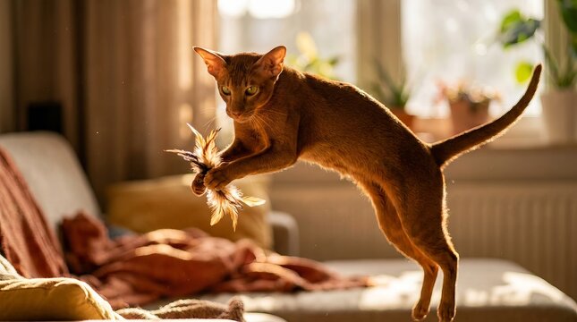 Playful cat pouncing on feathers by a sunny window.