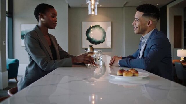 Sipping woman in gray blazer lifting wine glass at marble counter after man's smile, offering sip