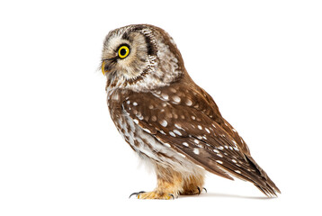 Fototapeta premium Tengmalm's owl standing looking away on white background