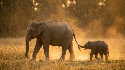 Fototapeta premium Mother and baby elephant walking together in golden light.