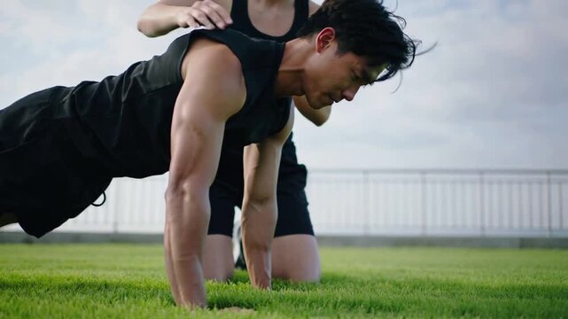 Trainer placing hands, guiding client doing pushups on rooftop lawn, wearing weighted vest for form