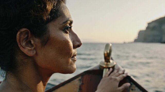 Boat cutting waves as woman thinking tracing brass cleat to cliffs, in sleeveless top, copy space