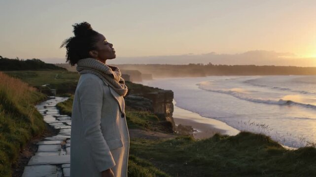 Standing woman in long coat scarf gazing at ocean from cliff path with sun nearing horizon