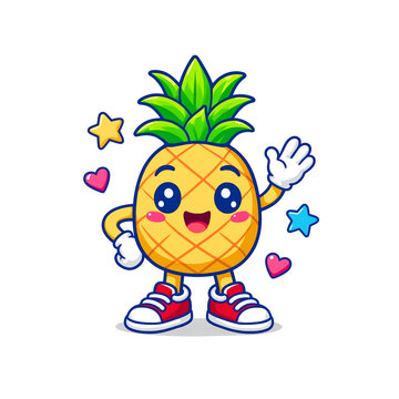 Cute kawaii pineapple fruit cartoon character waving hand wearing red sneakers isolated on black background