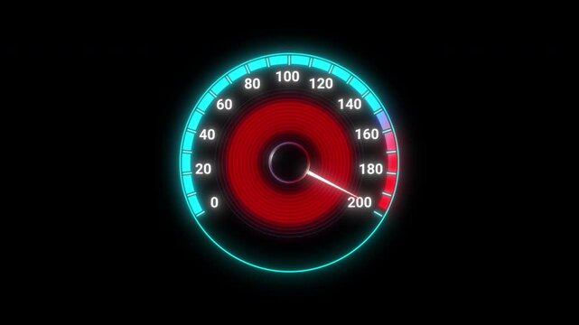 Glowing cyan neon speedometer animation on transparent background. HUD speed gauge overlay.