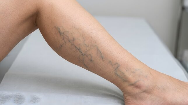 Close up view of leg skin showing spider veins and visible superficial venous condition.