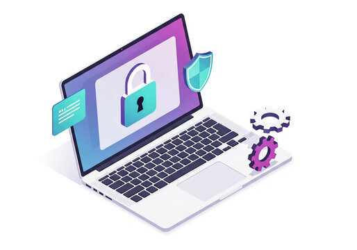 Laptop computer with security lock and gear icons