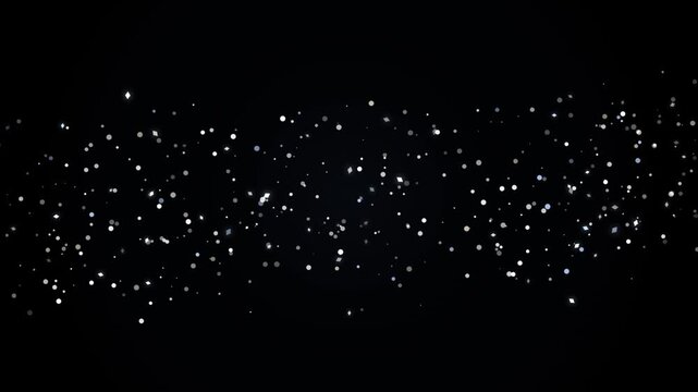 Glowing silver particles and diamond glitter floating horizontally across a dark black background, shimmering magical dust transition loop