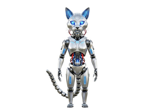 Futuristic silver robot cat with glowing blue eyes