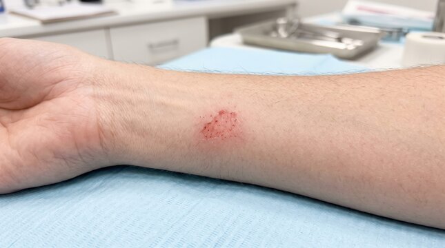 Close up of minor skin abrasion on forearm during medical examination