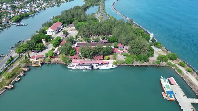 Aerial view of Ferry boat at Port of Ulee Lheue in Banda Aceh.  Departing to Balohan Port in Weh Island, Sabang. Acehhebat 2 or KMP Aceh Hebat 2, a passenger boat.