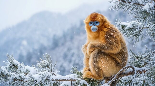 Blue-faced langur in a snowy forest.