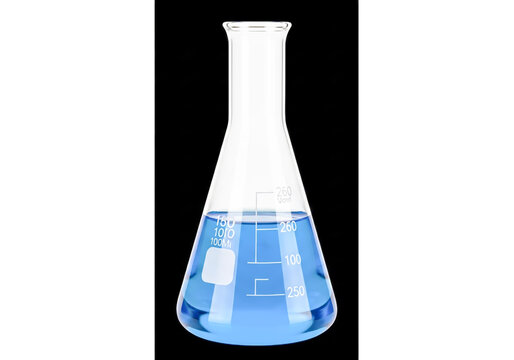 Glass erlenmeyer flask with blue liquid for science