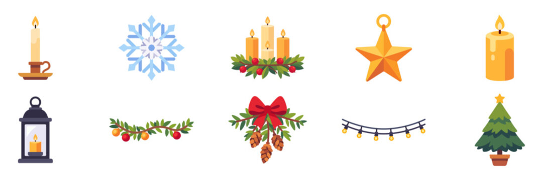 Christmas decor icon set with festive holiday ornaments, flat illustrations