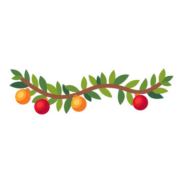 Festive garland icon with leafy branch and baubles, flat illustration