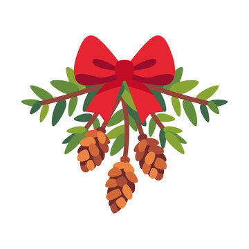 Holiday door swag icon with bow and pinecones, flat illustration