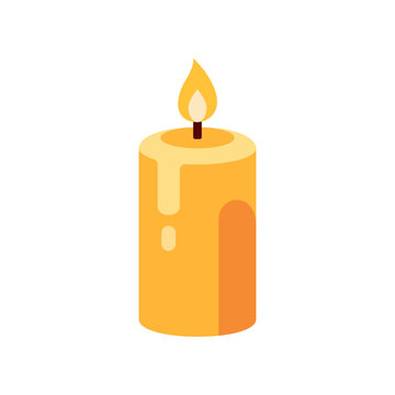 Pillar candle icon with wax drips and flame, flat illustration