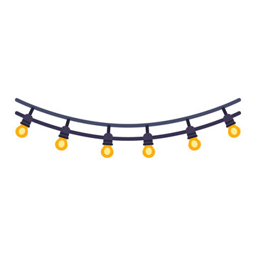String lights icon with hanging bulbs on curved wire, flat illustration
