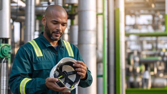 Black industrial worker inspecting a white hard hat. Male technician checking safety equipment at a refinery. Occupational health and safety concept