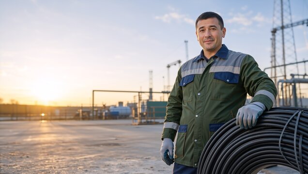 Industrial technician standing next to a large coil of cable at sunset. Professional male worker in reflective jacket at an outdoor utility plant