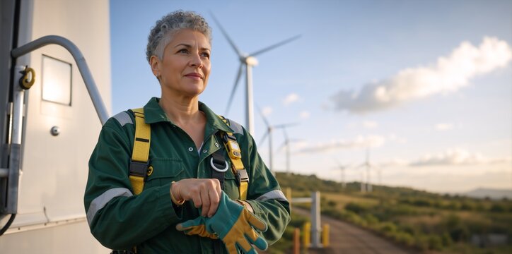 Female wind turbine technician adjusting gloves at a wind farm. Mature woman engineer in green uniform and safety harness working in renewable energy sector