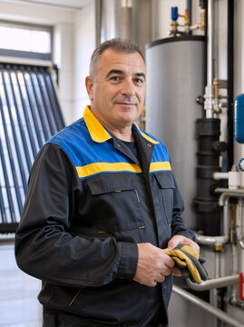 Portrait of a male heating technician in uniform holding gloves. Professional plumber standing in utility room with water heater and solar thermal system