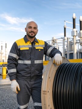 Vertical portrait of a smiling male technician standing next to a large cable reel. Professional electrical worker in grey and yellow uniform at an outdoor substation