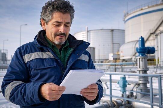 Male engineer reading documents at an industrial plant in winter. Factory supervisor inspecting site with large white storage tanks and pipelines