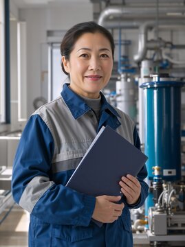 Vertical portrait of a smiling Asian female engineer holding a folder. Confident woman factory manager standing inside modern industrial facility