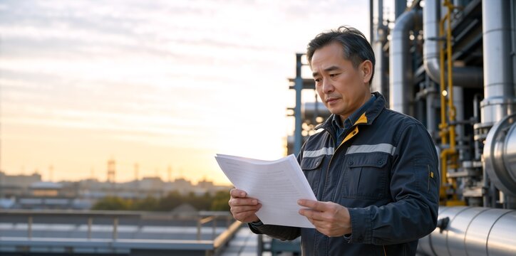 Middle aged Asian male engineer reading documents at an industrial plant. Professional factory manager inspecting paperwork near metal pipes at sunset