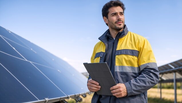 Male engineer holding a digital tablet at a solar panel farm. Professional worker in high-visibility jacket inspecting renewable energy power plant