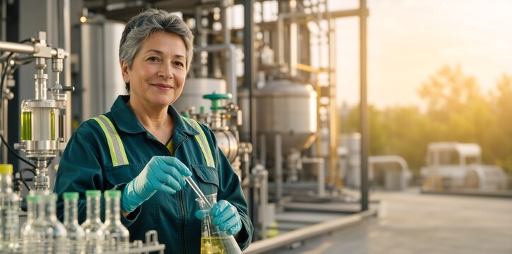 Female chemist holding a beaker with liquid at an industrial plant. Mature woman scientist conducting chemical research outdoors. Quality control and testing concept