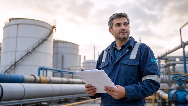 Male industrial manager holding documents at an oil refinery. Professional engineer in blue uniform inspecting factory with large storage tanks