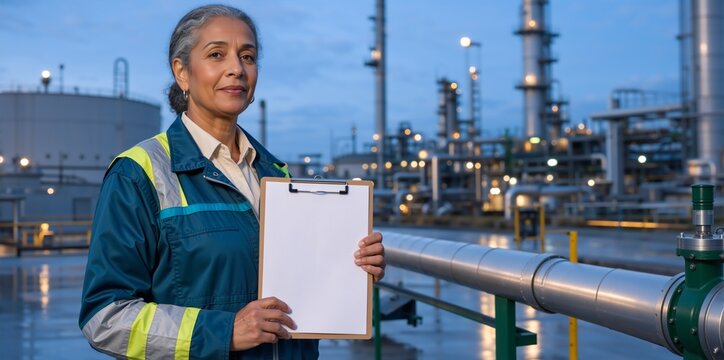 Mature female engineer holding a blank clipboard at an industrial refinery. Woman factory worker showing empty paper with copy space for text