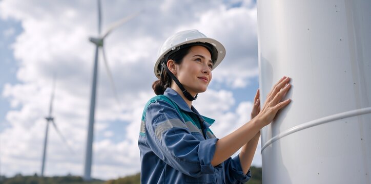 Female wind turbine technician touching the tower at a wind farm. Young woman engineer working with renewable energy. Clean power and sustainability concept