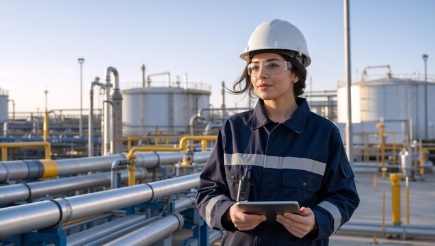 Female engineer with hard hat and tablet at an oil refinery. Young woman technician inspecting industrial pipelines and storage tanks. Energy sector concept