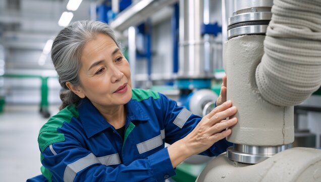 Mature Asian female engineer inspecting insulated pipes in an industrial facility. Woman technician checking mechanical equipment during maintenance