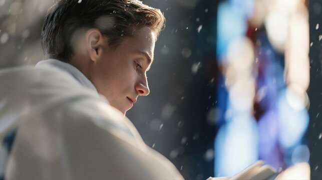 Young man reading prayer book in church
