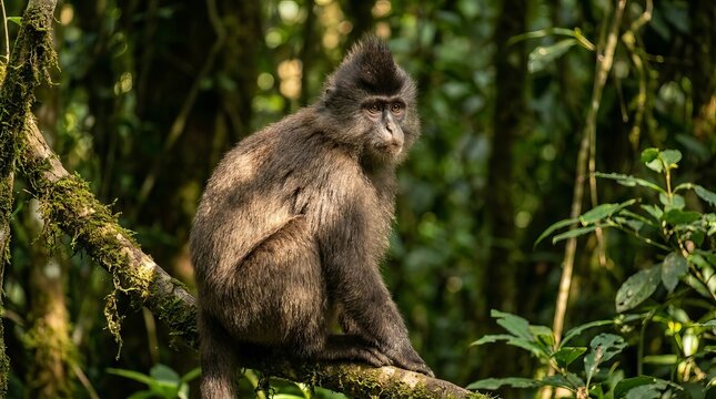 Macaque monkey perched on a mossy branch in the jungle