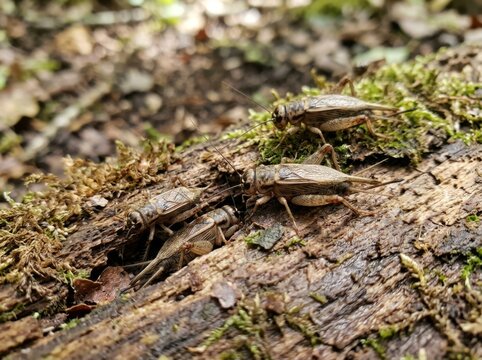 Group of crickets resting on a mossy wooden log in the forest