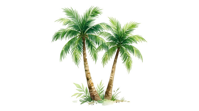 Two green palm trees on a tropical island beach
