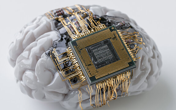 Microchip On The Brain On White Background. Сoncept Neurotechnology Advancements, Brain-Computer Interfaces, Cognitive Enhancement, Biohacking, Future Of Brain Implants